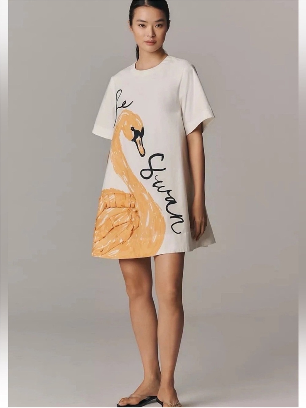 Anthropologie Cream Shift Dress with Orange Swan Graphic